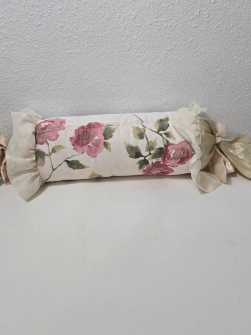 Floral Bolster Throw Pillow in Pink and Cream - Unbranded Handmade